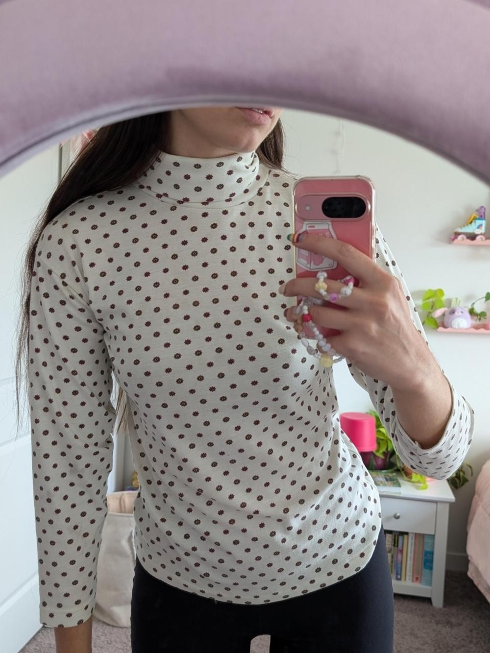 Cream Flower Turtleneck Top - Women's Long Sleeve Size Medium